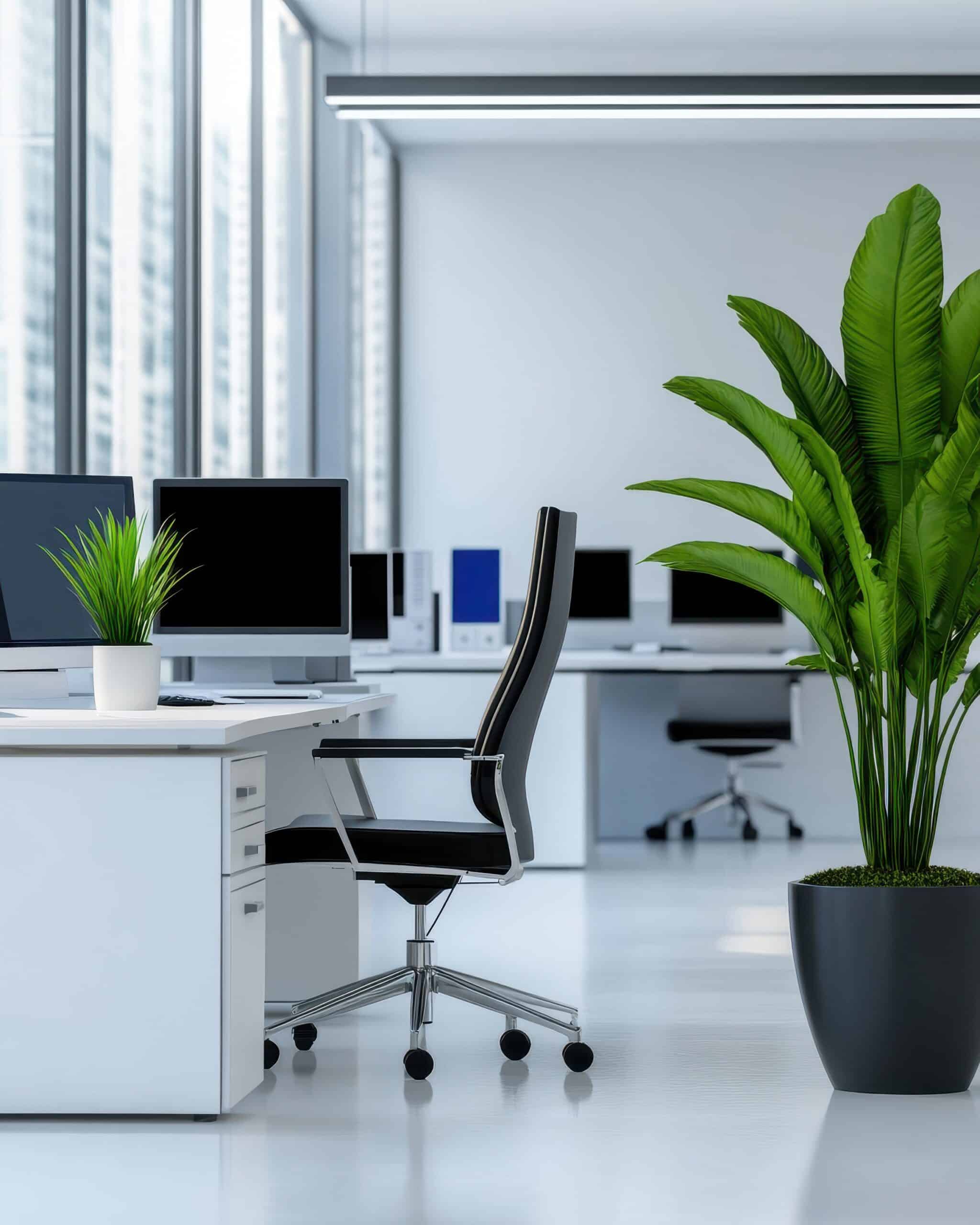Bureau moderne open space lumineux avec des postes de travail, un fauteuil ergonomique et des plantes vertes, vue sur la ville.