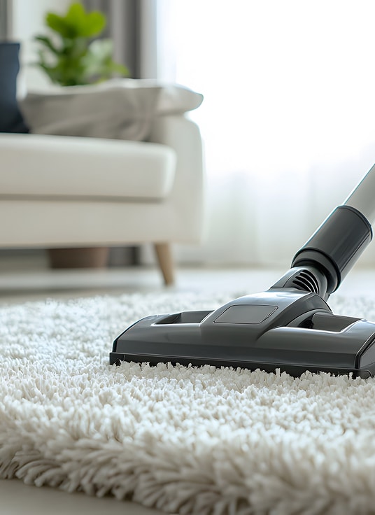 Aspirateur nettoyant un tapis blanc shaggy dans un salon lumineux et propre.