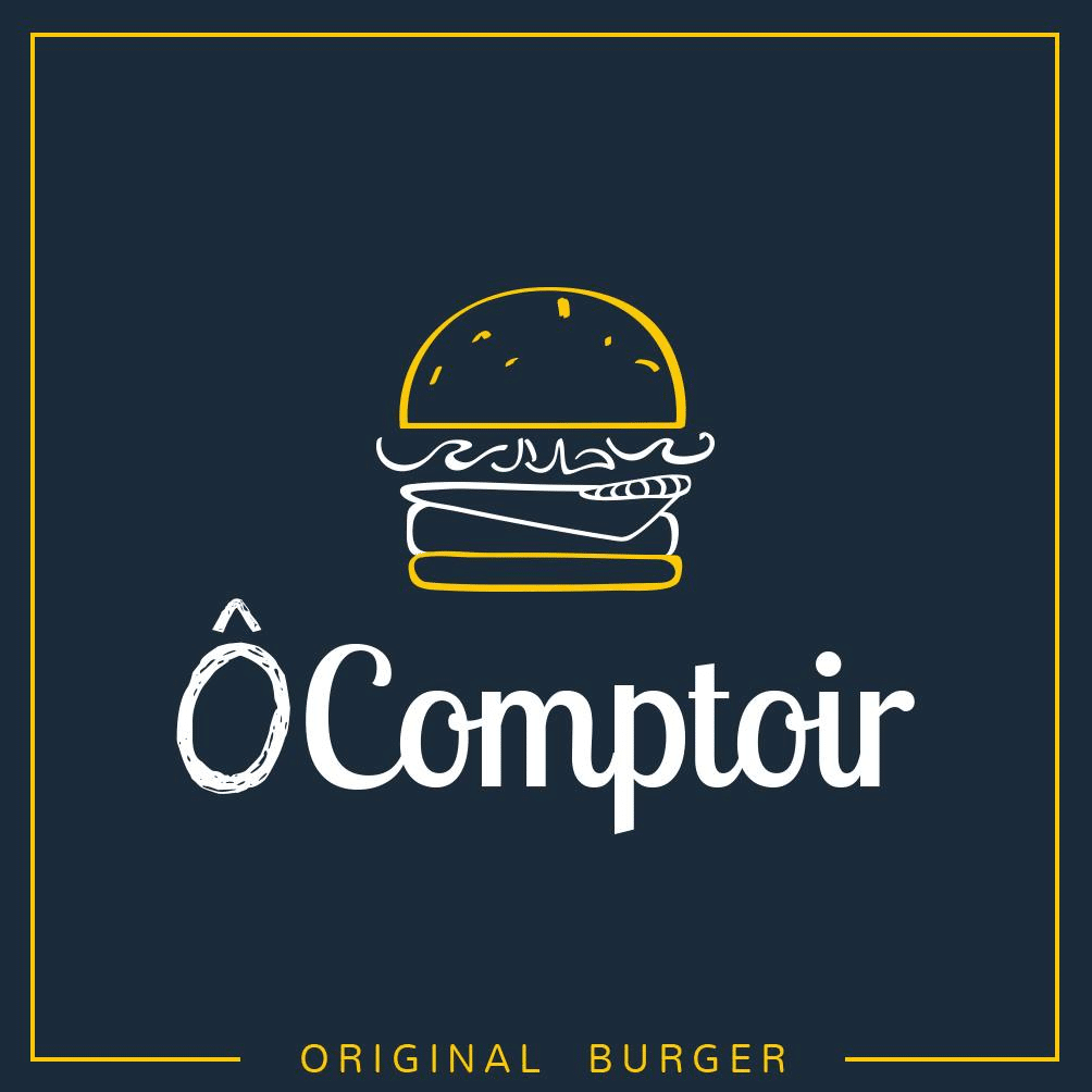 Logo blanc 'Ô Comptoir' sur fond bleu marine, avec un dessin stylisé de burger au-dessus et le texte 'ORIGINAL BURGER' en jaune.