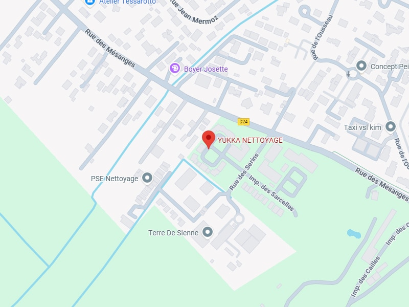 Carte routière de YUKKA NETTOYAGE (D24) avec Rue des Serins, Rue des Mésanges, PSE Nettoyage et Terre De Sienne.