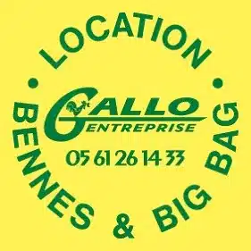 Location Bennes et Big Bags - Gallo Entreprise à Toulouse Logo Gallo Entreprise vert sur fond jaune pour location de bennes et big bags. Téléphone : 05 61 26 14 33.